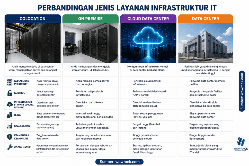 perbedaan colocation server, on premise dan data center